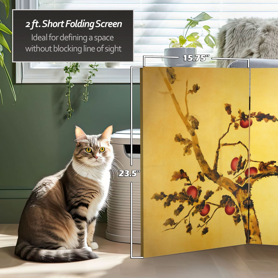 2 ft. Short Double Sided Plum Tree Canvas Folding Screen