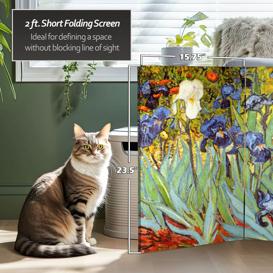 2 ft. Short Double Sided Works of Van Gogh Canvas Folding Screen - Irises/Starry Night Over Rhone
