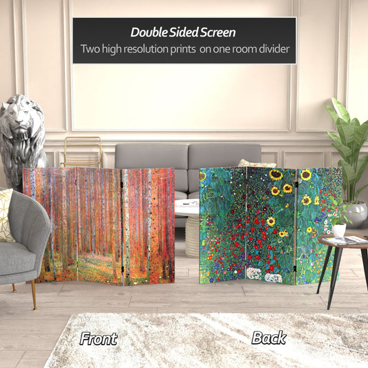 3 ft. Short Double Sided Works of Klimt Canvas Folding Screen - Tannenwald/Farm Garden