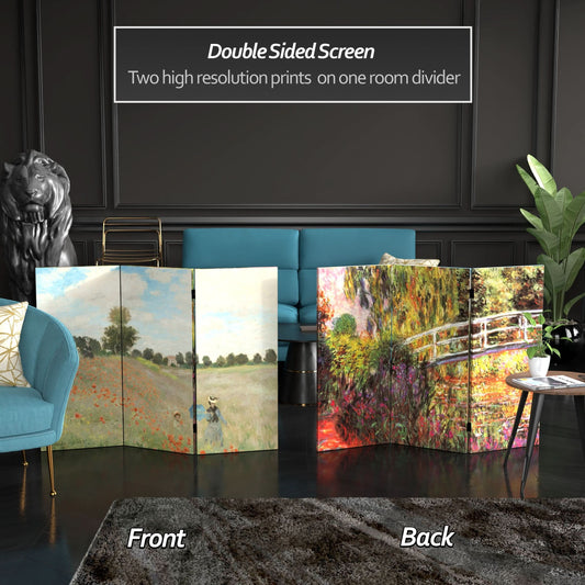 3 ft. Short Double Sided Works of Monet Canvas Folding Screen - Water Lillies/Pathway