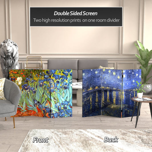 3 ft. Short Double Sided Works of Van Gogh Canvas Folding Screen - Irises/Starry Night Over Rhone