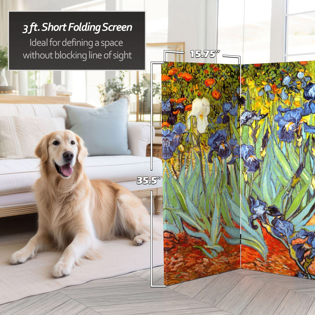 3 ft. Short Double Sided Works of Van Gogh Canvas Folding Screen - Irises/Starry Night Over Rhone