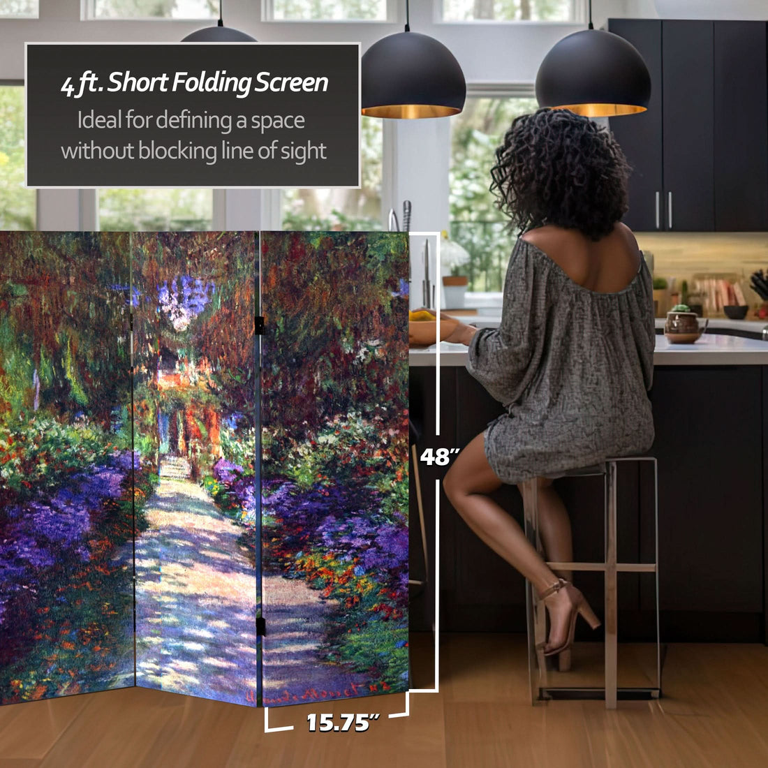4 ft. Short Double Sided Works of Monet Canvas Folding Screen - Lilies/Garden at Giverny