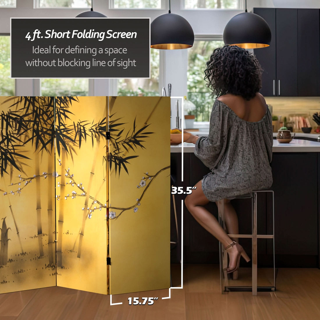 4 ft. Short Double Sided Bamboo Tree Canvas Folding Screen