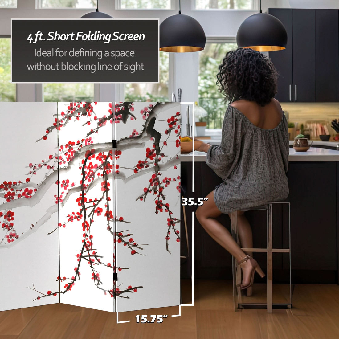 4 ft. Short Double Sided Plum Blossom Canvas Folding Screen