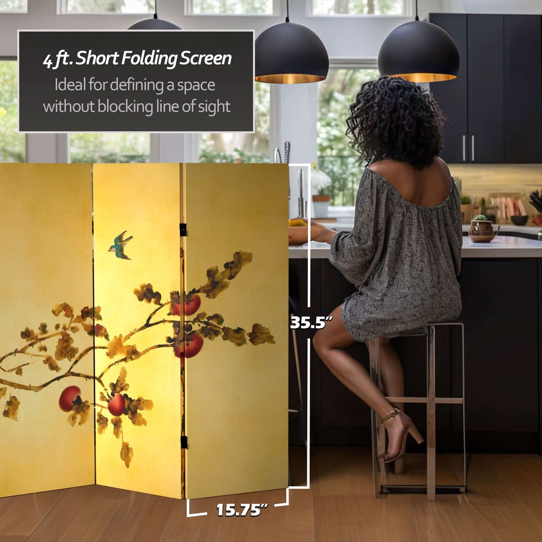 4 ft. Short Double Sided Plum Tree Canvas Folding Screen