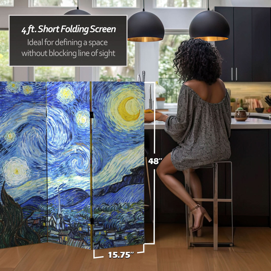 4 ft. Short Double Sided Works of Van Gogh Canvas Folding Screen - Starry Night/Sunflowers
