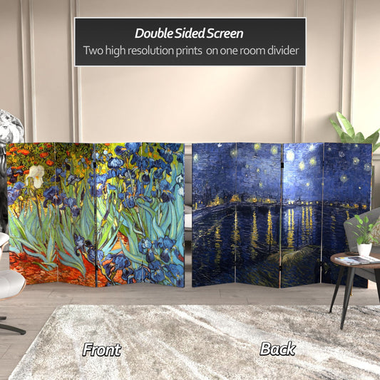 4 ft. Short Double Sided Works of Van Gogh Canvas Folding Screen - Irises/Starry Night Over Rhone