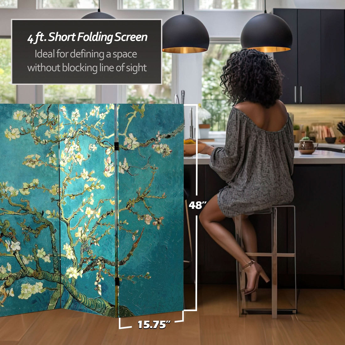 4 ft. Short Double Sided Works of Van Gogh Canvas Folding Screen - Almond Blossoms/Wheat Field