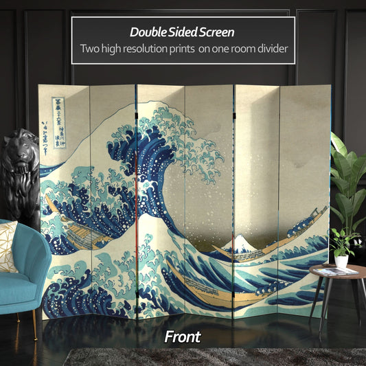 6 ft. Tall Double Sided Hokusai Room Divider - Great Wave/Red Fuji