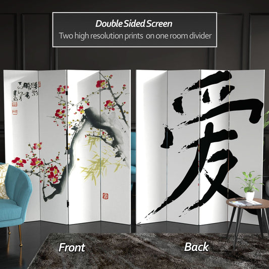 6 ft. Tall Double Sided Cherry Blossoms and Love Canvas Room Divider 4 Panel