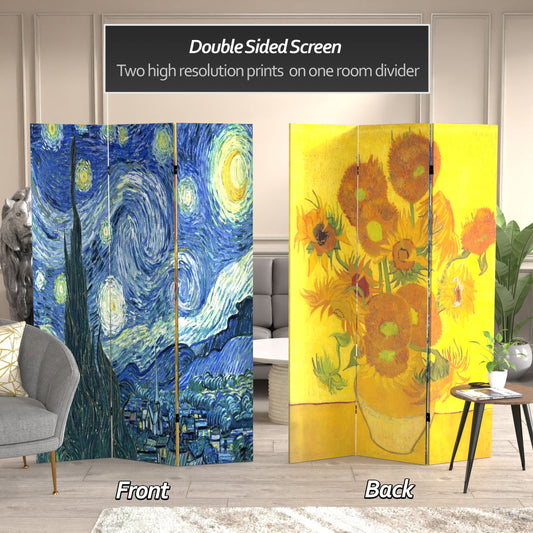 6 ft. Tall Double Sided Works of Van Gogh Canvas Room Divider - Starry Night/Sunflowers