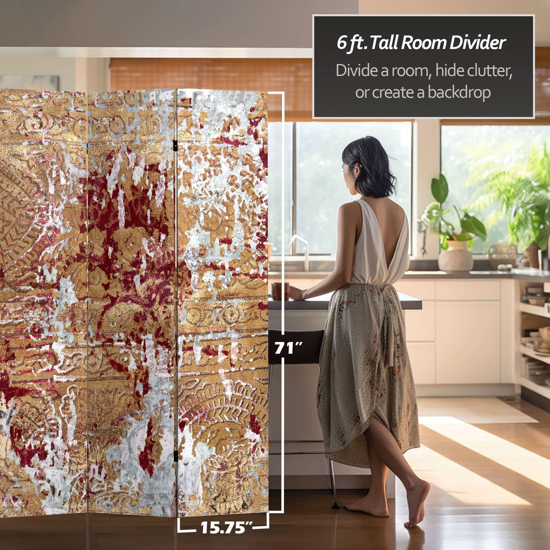 6 ft. Tall Fire and Bronze Canvas Room Divider