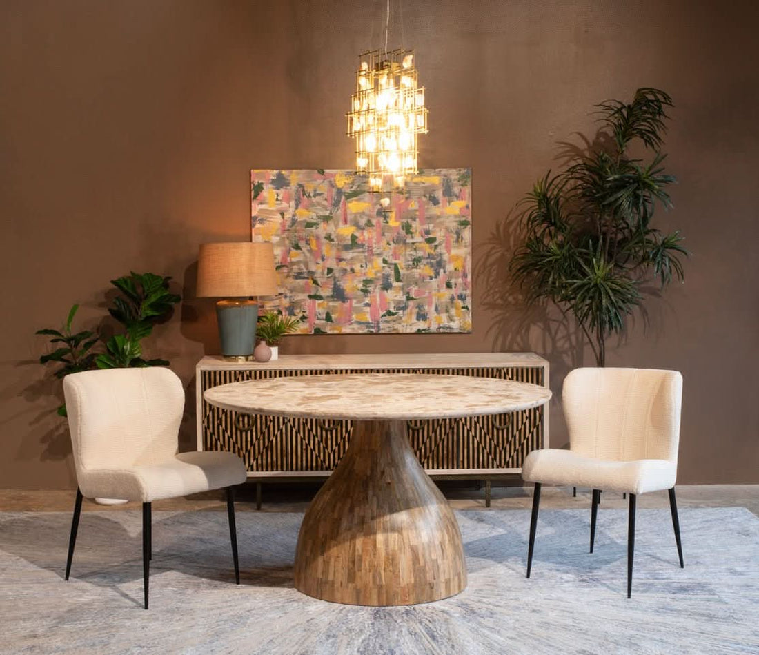 Fargo 54" Round Dining Table with Capri Beige Marble and Natural Base - Home Trends & Design