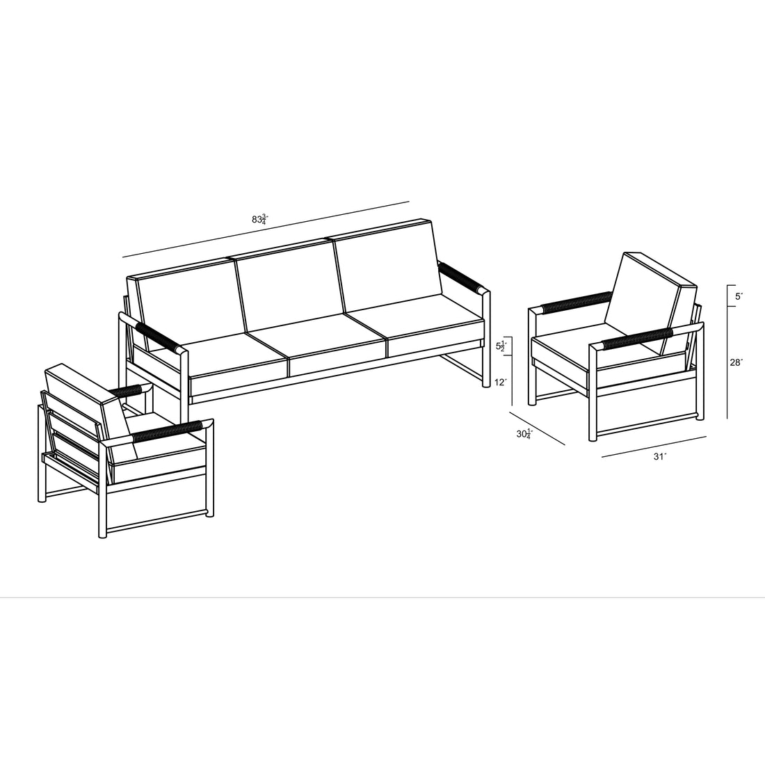 Alto 3 Piece Sofa Club Chair Set