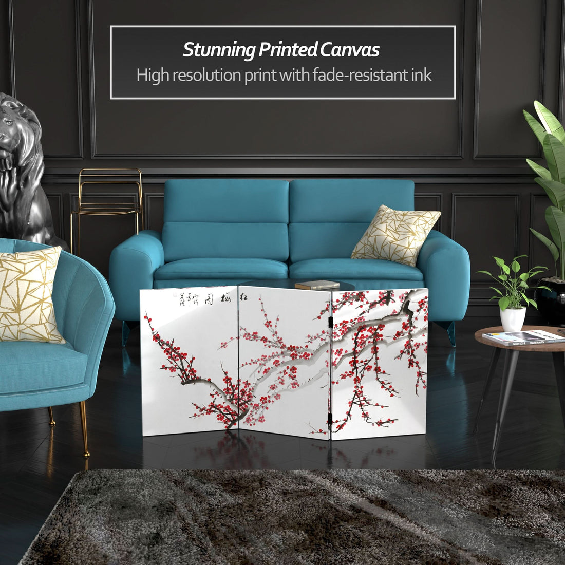 2 ft. Short Double Sided Plum Blossom Canvas Folding Screen