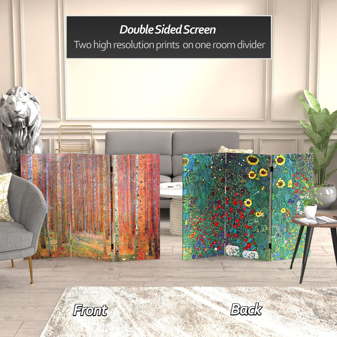 3 ft. Short Double Sided Works of Klimt Canvas Folding Screen - Tannenwald/Farm Garden