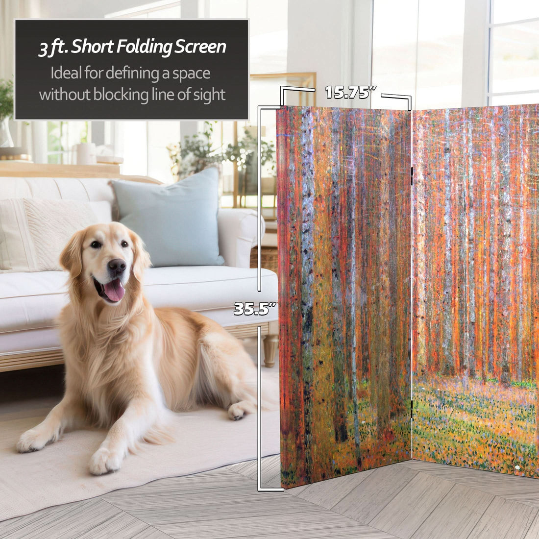 3 ft. Short Double Sided Works of Klimt Canvas Folding Screen - Tannenwald/Farm Garden