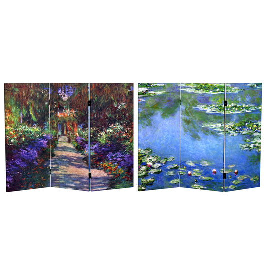 3 ft. Short Double Sided Works of Monet Canvas Folding Screen - Lilies/Garden at Giverny