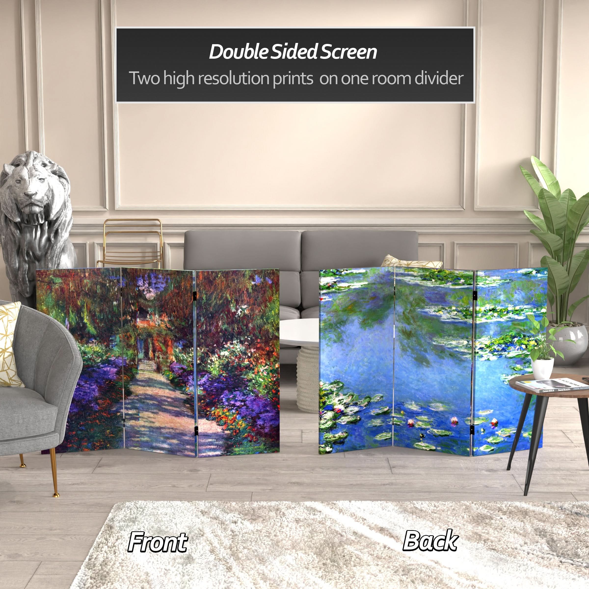 3 ft. Short Double Sided Works of Monet Canvas Folding Screen - Lilies/Garden at Giverny