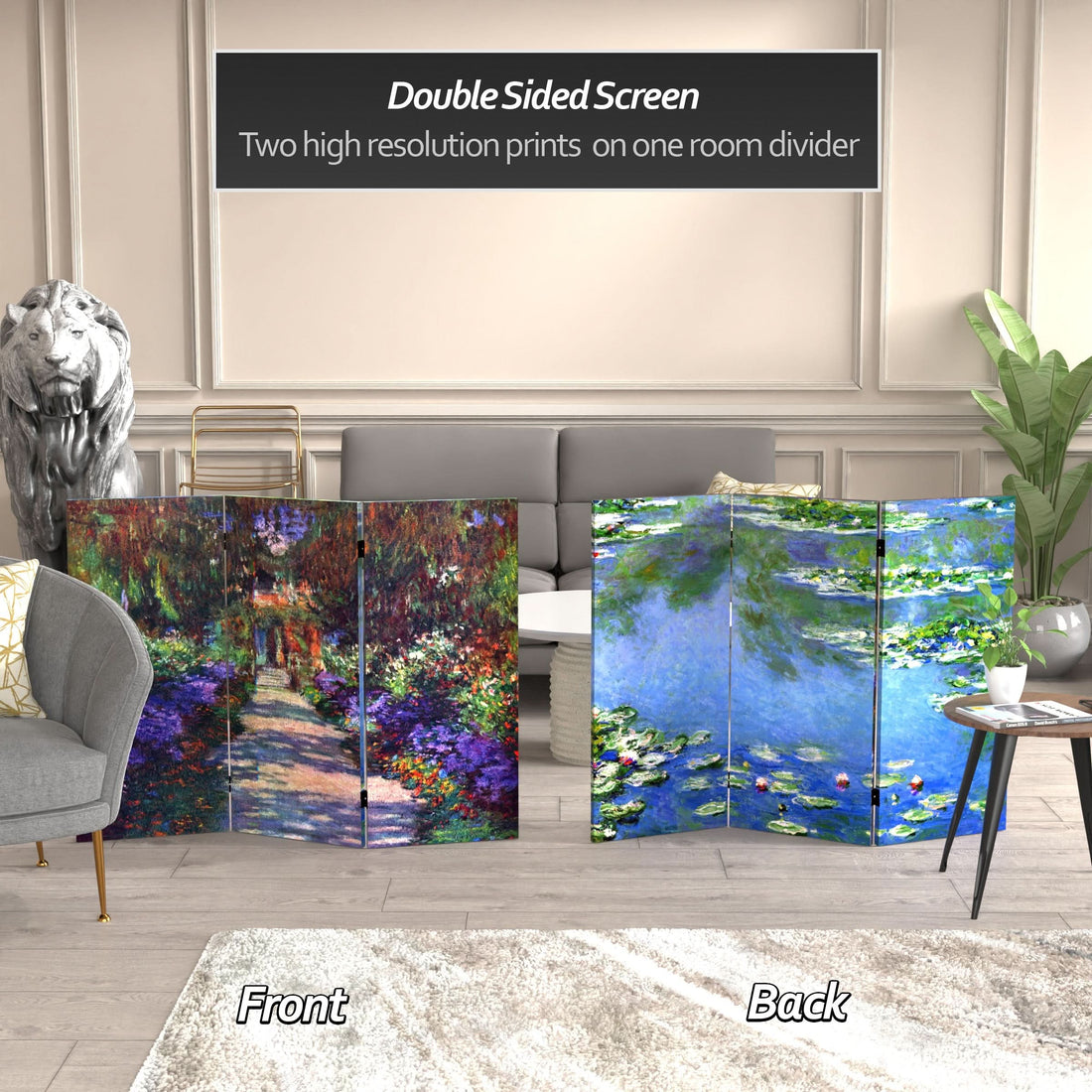 3 ft. Short Double Sided Works of Monet Canvas Folding Screen - Lilies/Garden at Giverny