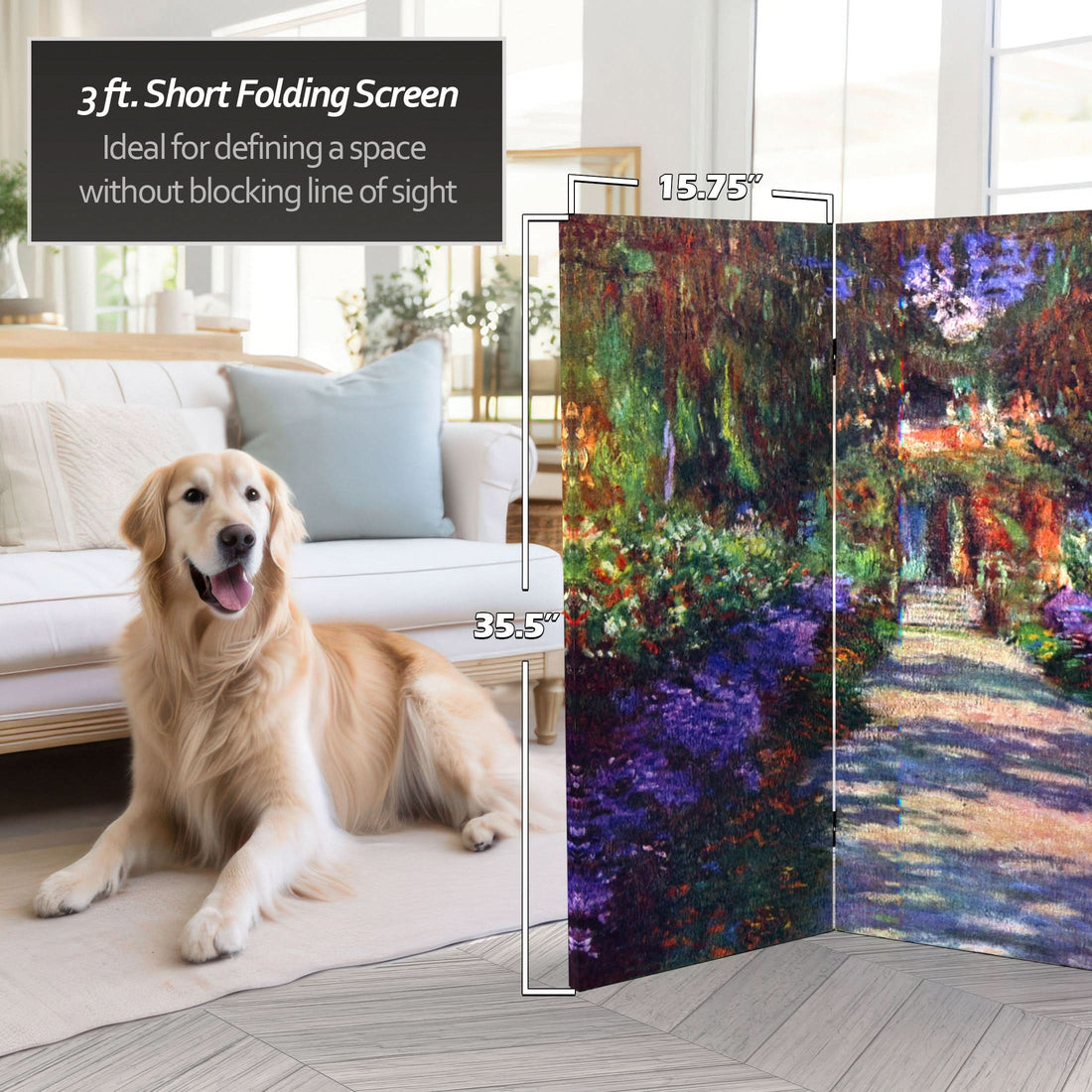 3 ft. Short Double Sided Works of Monet Canvas Folding Screen - Lilies/Garden at Giverny