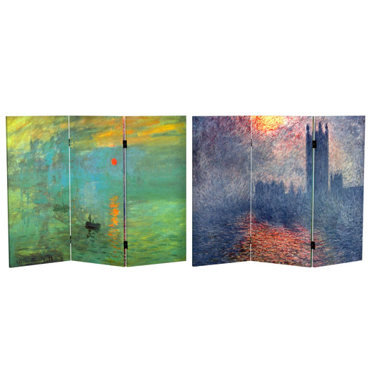 3 ft. Short Double Sided Works of Monet Canvas Folding Screen - Impression Sunrise/Houses of Parliament