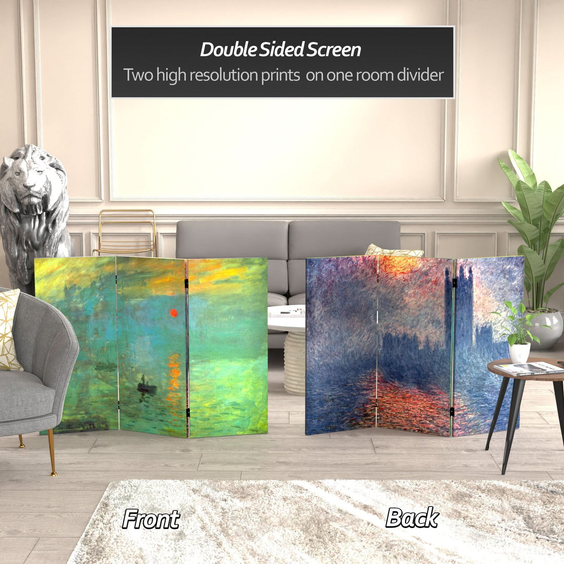 3 ft. Short Double Sided Works of Monet Canvas Folding Screen - Impression Sunrise/Houses of Parliament