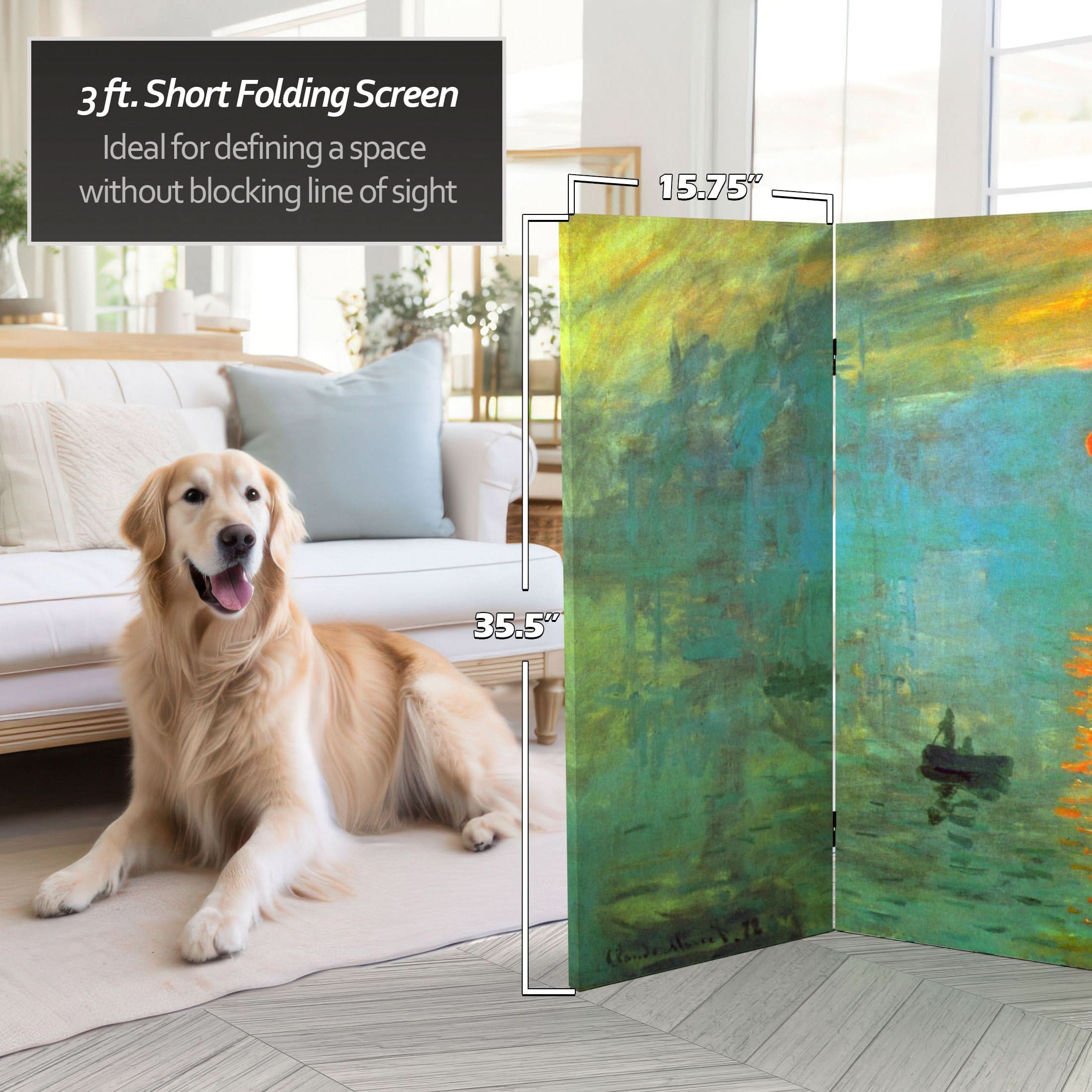 3 ft. Short Double Sided Works of Monet Canvas Folding Screen - Impression Sunrise/Houses of Parliament