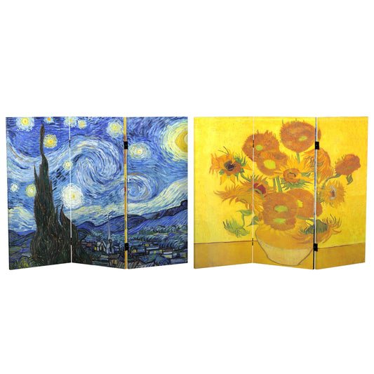 3 ft. Short Double Sided Works of Van Gogh Canvas Folding Screen - Starry Night/Sunflowers