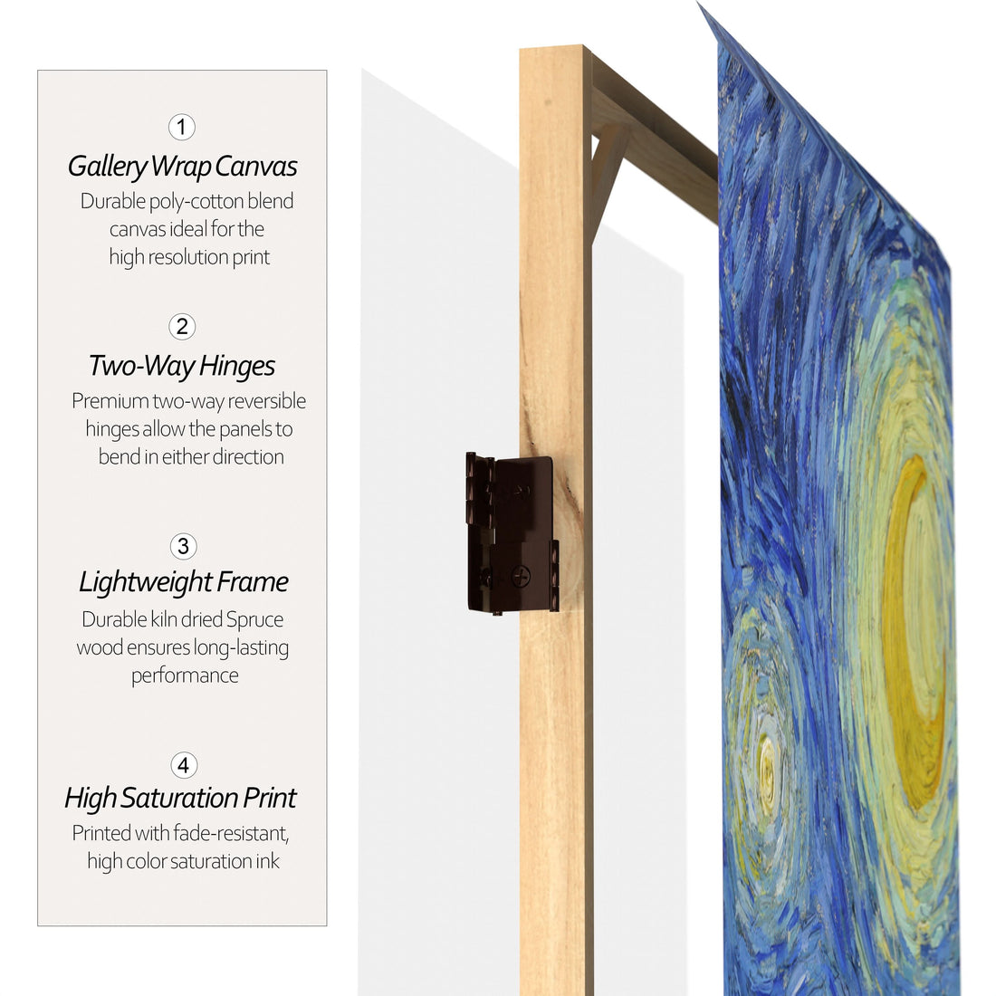 3 ft. Short Double Sided Works of Van Gogh Canvas Folding Screen - Starry Night/Sunflowers