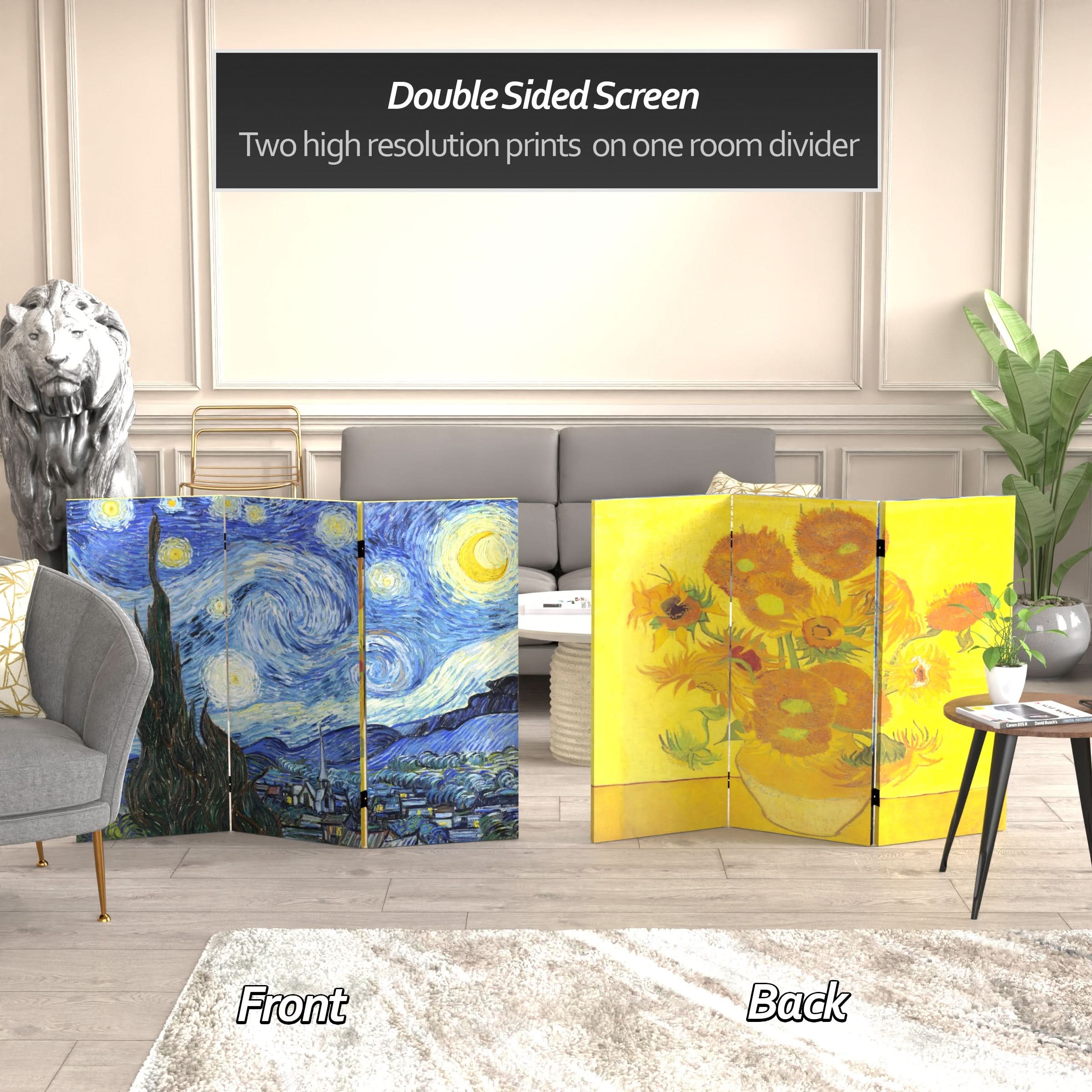 3 ft. Short Double Sided Works of Van Gogh Canvas Folding Screen - Starry Night/Sunflowers