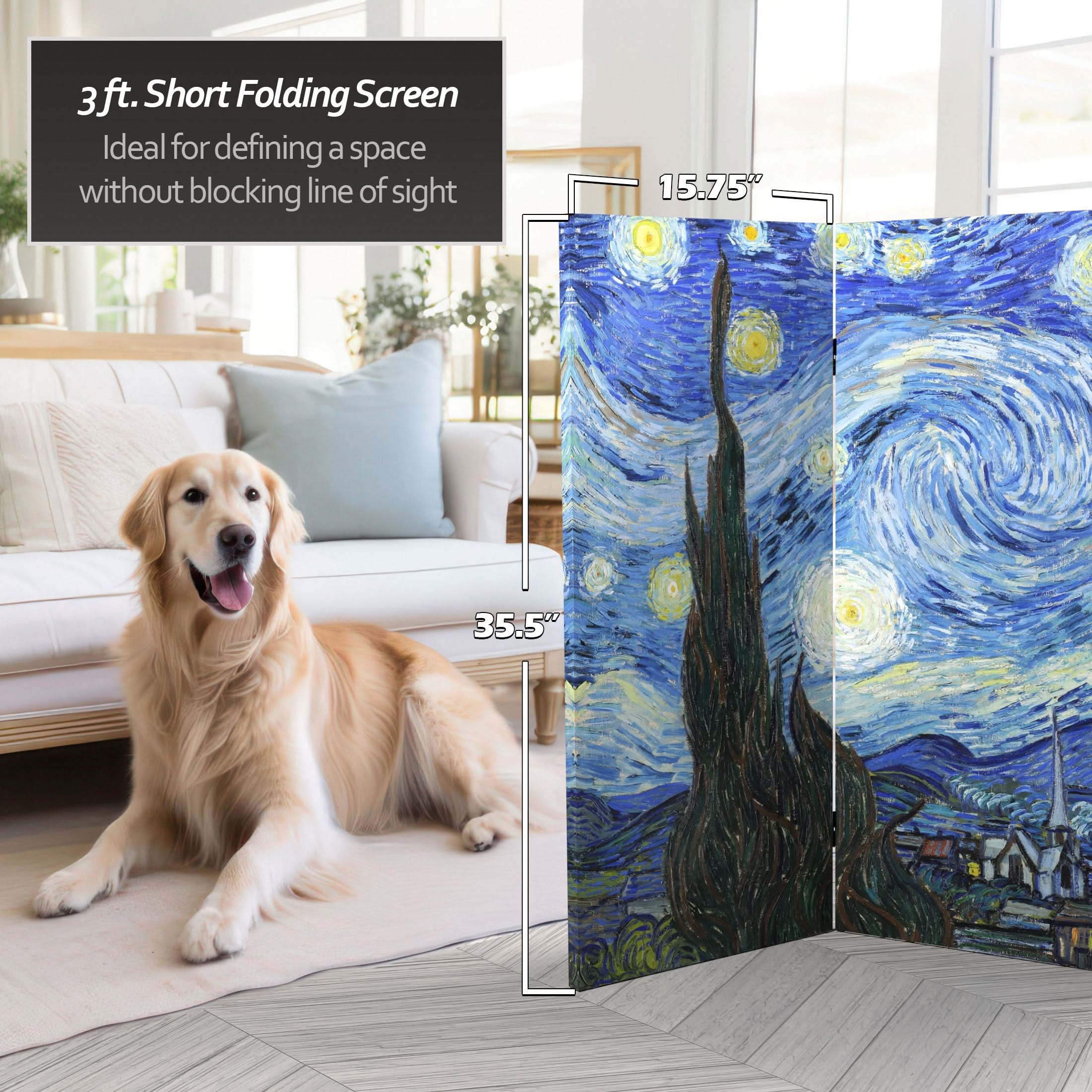 3 ft. Short Double Sided Works of Van Gogh Canvas Folding Screen - Starry Night/Sunflowers