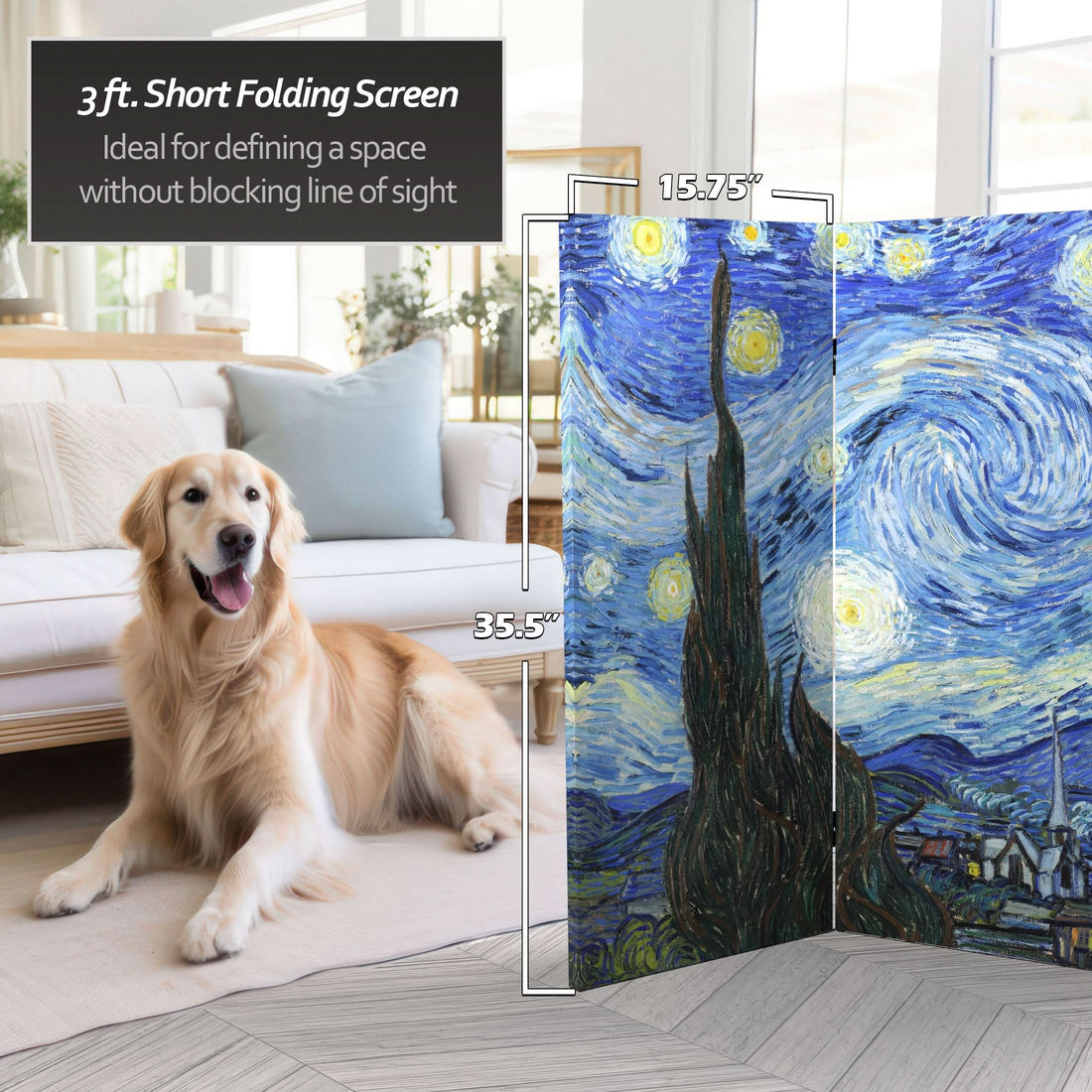 3 ft. Short Double Sided Works of Van Gogh Canvas Folding Screen - Starry Night/Sunflowers
