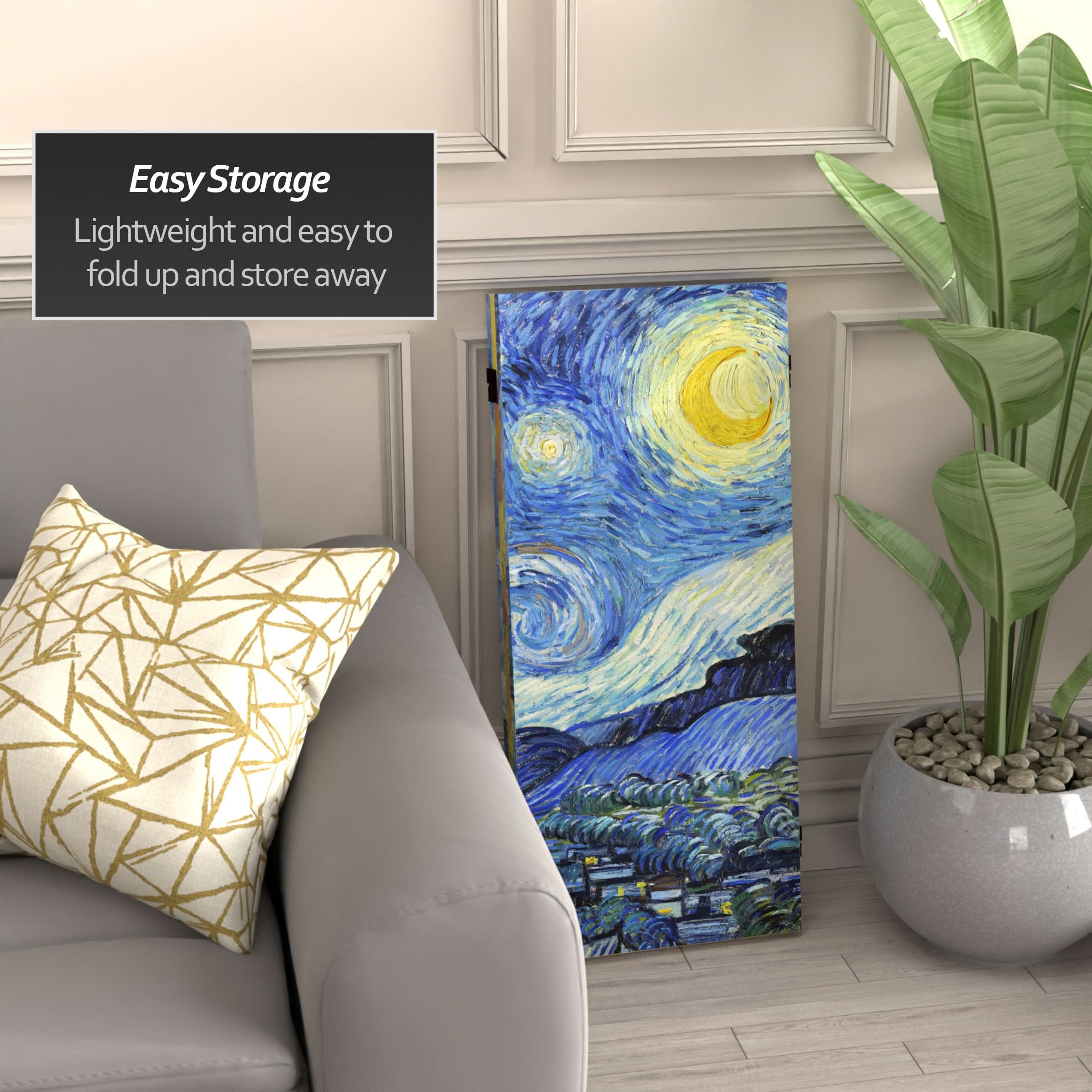 3 ft. Short Double Sided Works of Van Gogh Canvas Folding Screen - Starry Night/Sunflowers
