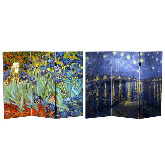 3 ft. Short Double Sided Works of Van Gogh Canvas Folding Screen - Irises/Starry Night Over Rhone