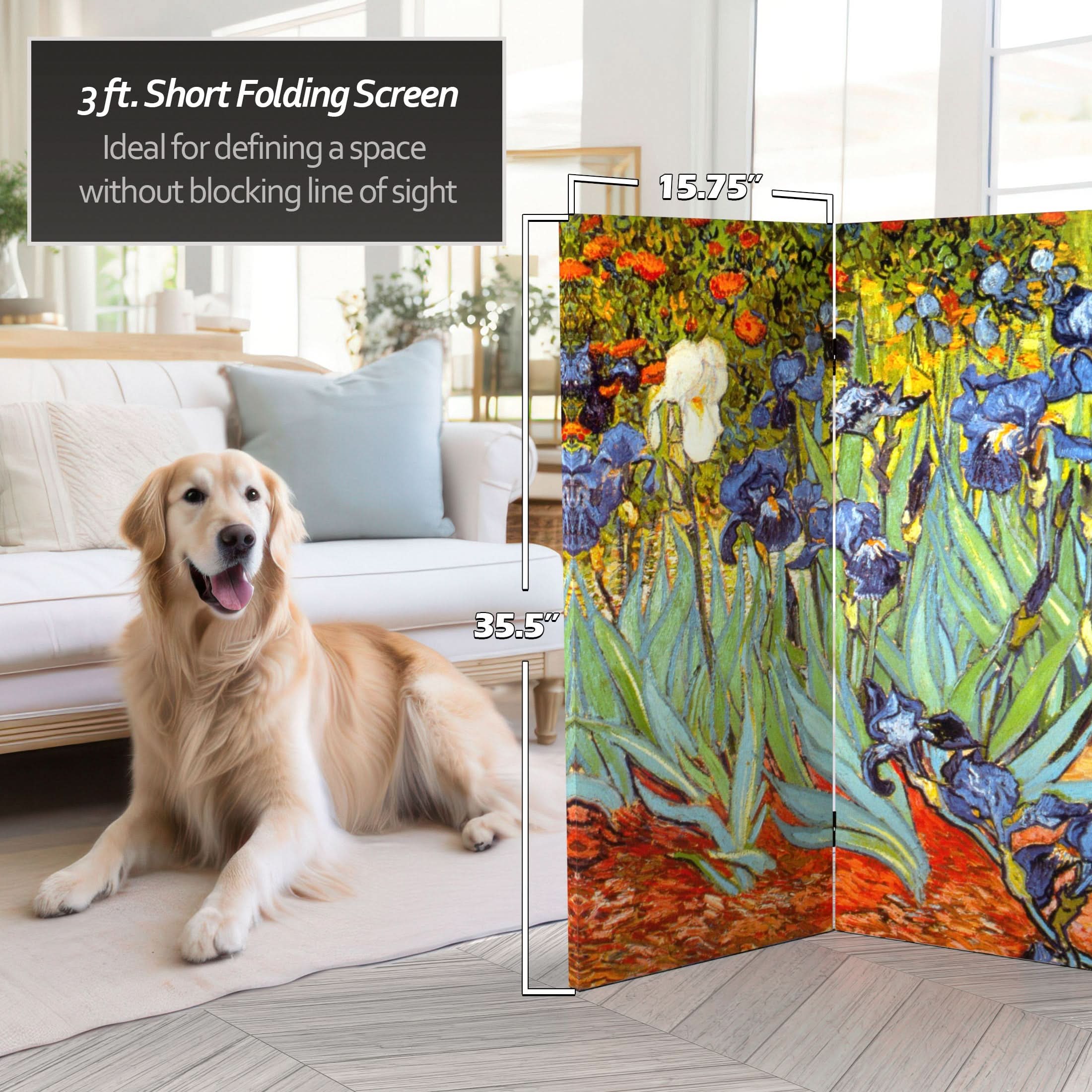 3 ft. Short Double Sided Works of Van Gogh Canvas Folding Screen - Irises/Starry Night Over Rhone
