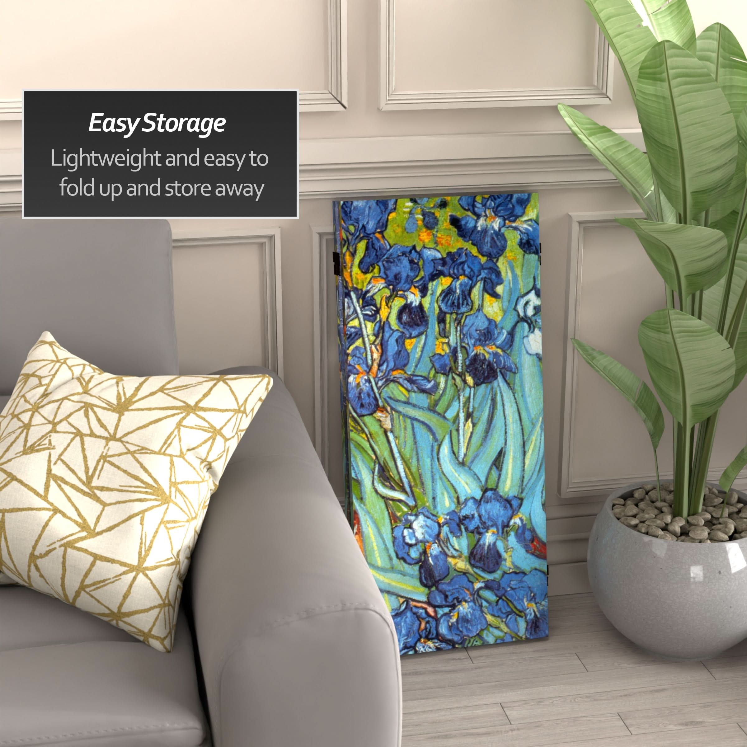 3 ft. Short Double Sided Works of Van Gogh Canvas Folding Screen - Irises/Starry Night Over Rhone