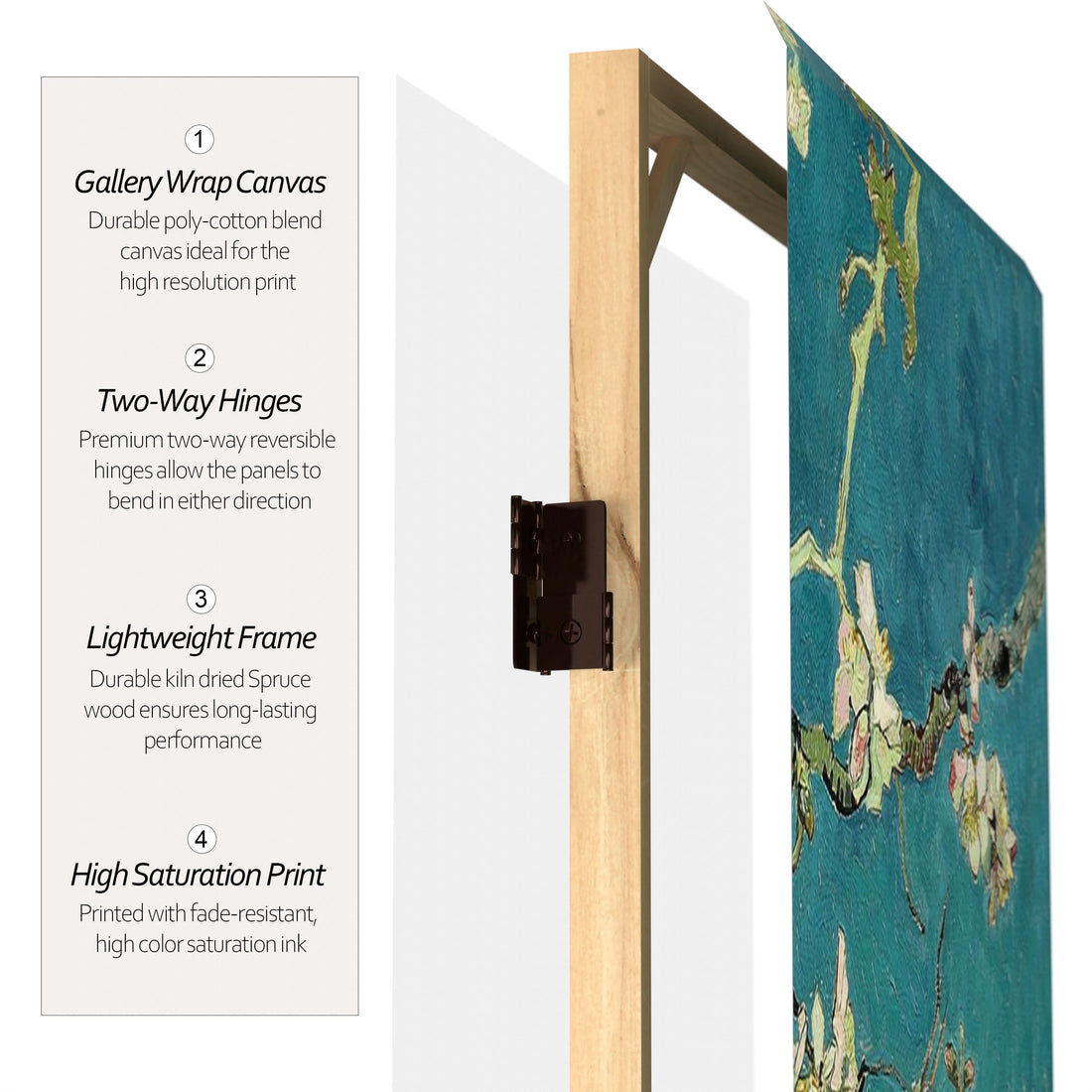 3 ft. Short Double Sided Works of Van Gogh Canvas Folding Screen - Almond Blossoms/Wheat Field