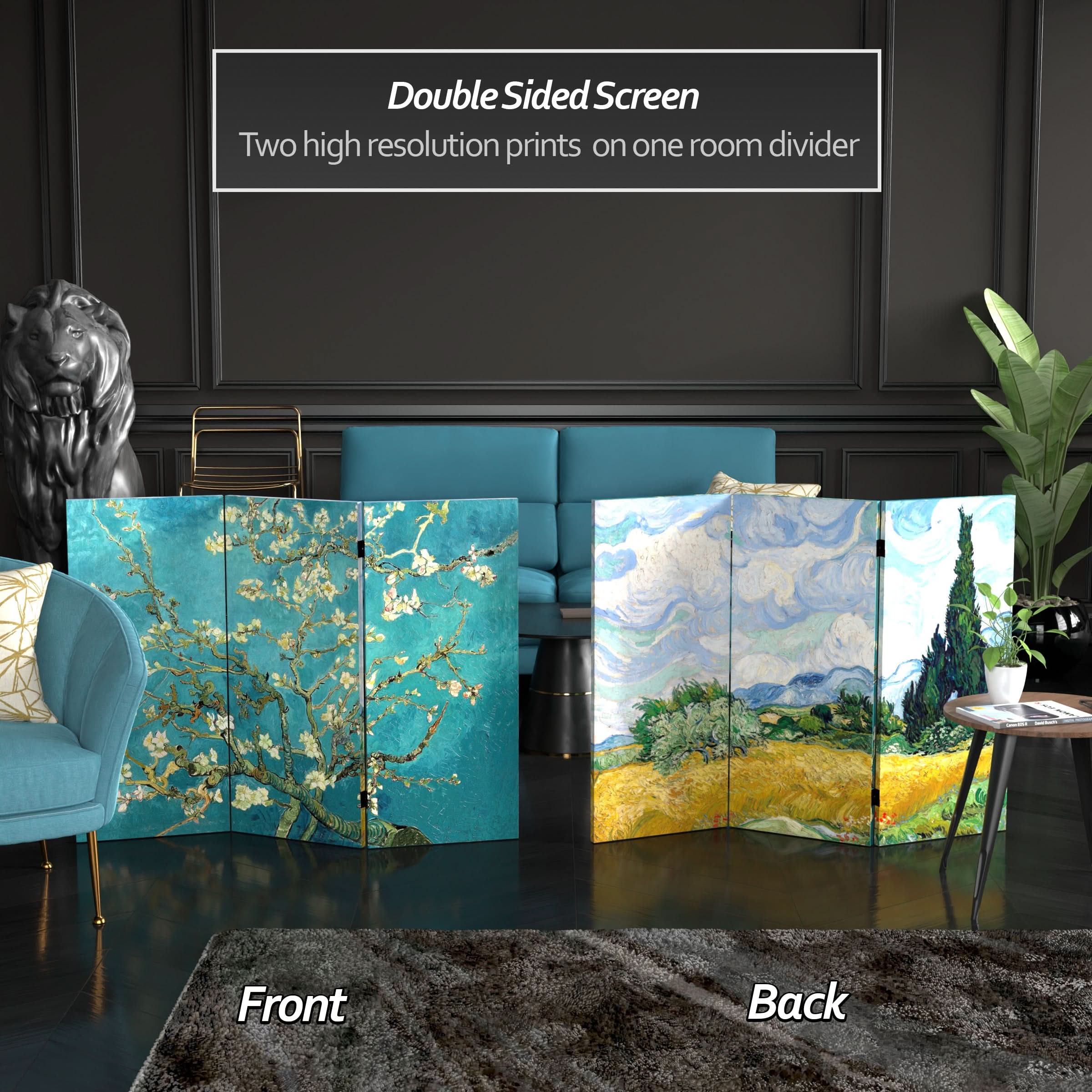 3 ft. Short Double Sided Works of Van Gogh Canvas Folding Screen - Almond Blossoms/Wheat Field