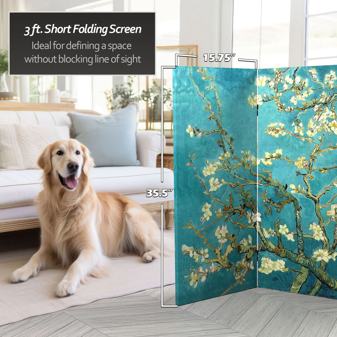 3 ft. Short Double Sided Works of Van Gogh Canvas Folding Screen - Almond Blossoms/Wheat Field