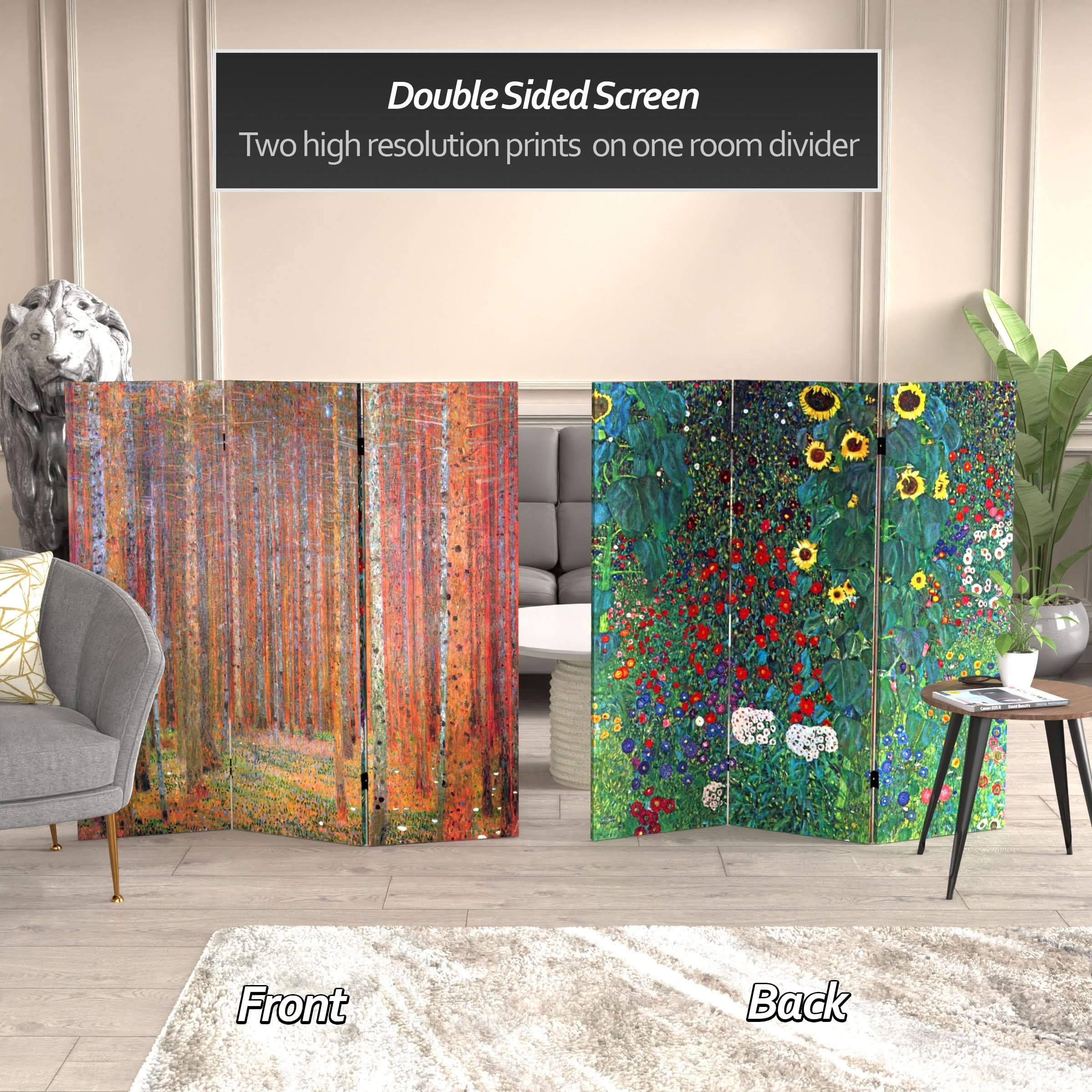 4 ft. Short Double Sided Works of Klimt Canvas Folding Screen - Tannenwald/Farm Garden
