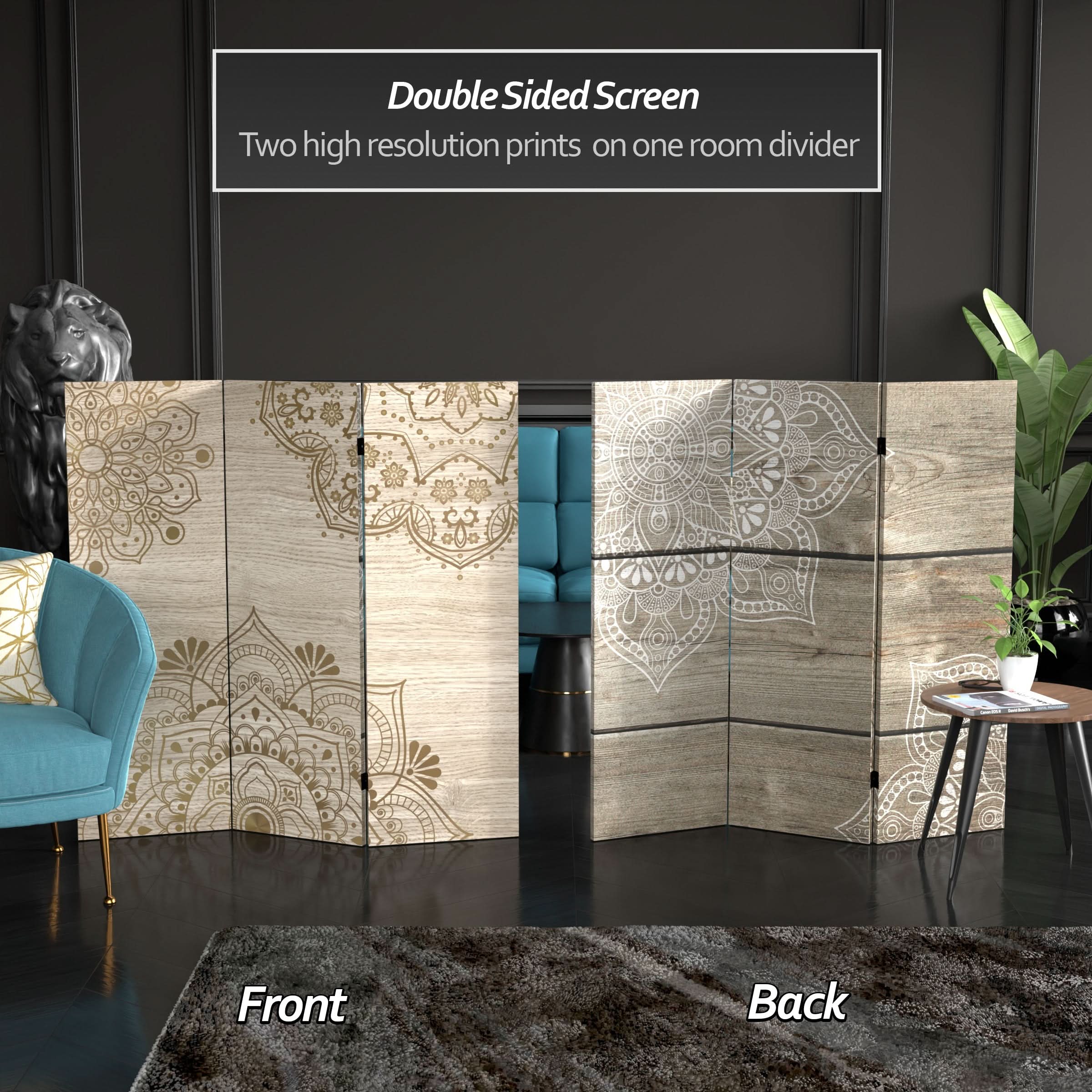 4 ft. Short Double Sided Mandala on Oak Canvas Folding Screen