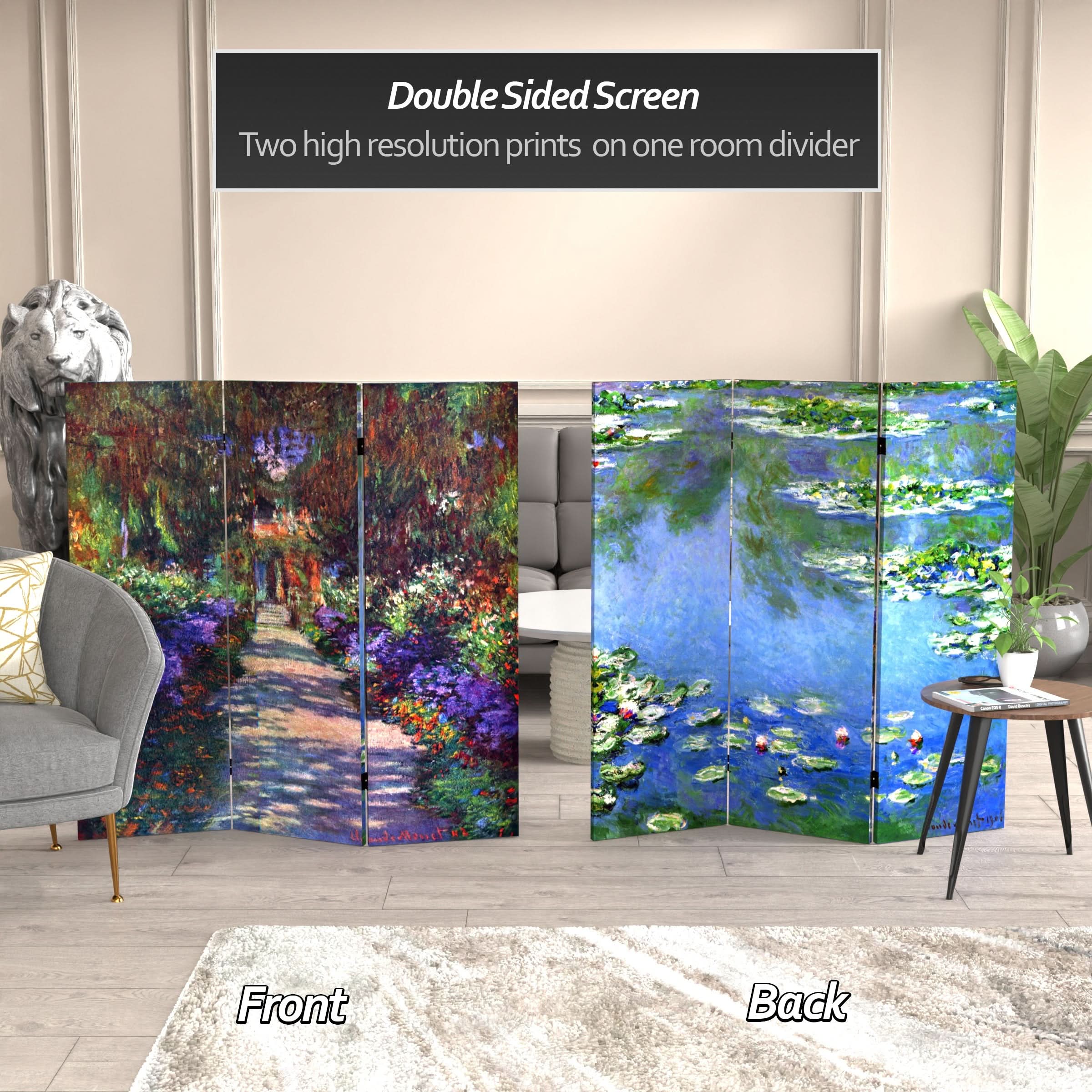 4 ft. Short Double Sided Works of Monet Canvas Folding Screen - Lilies/Garden at Giverny