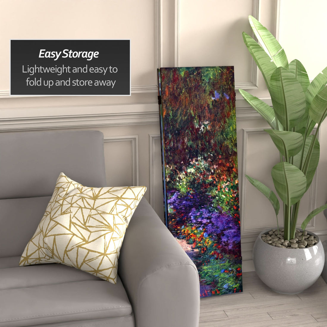 4 ft. Short Double Sided Works of Monet Canvas Folding Screen - Lilies/Garden at Giverny