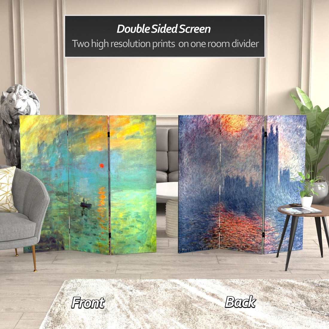4 ft. Short Double Sided Works of Monet Canvas Folding Screen - Impression Sunrise/Houses of Parliament