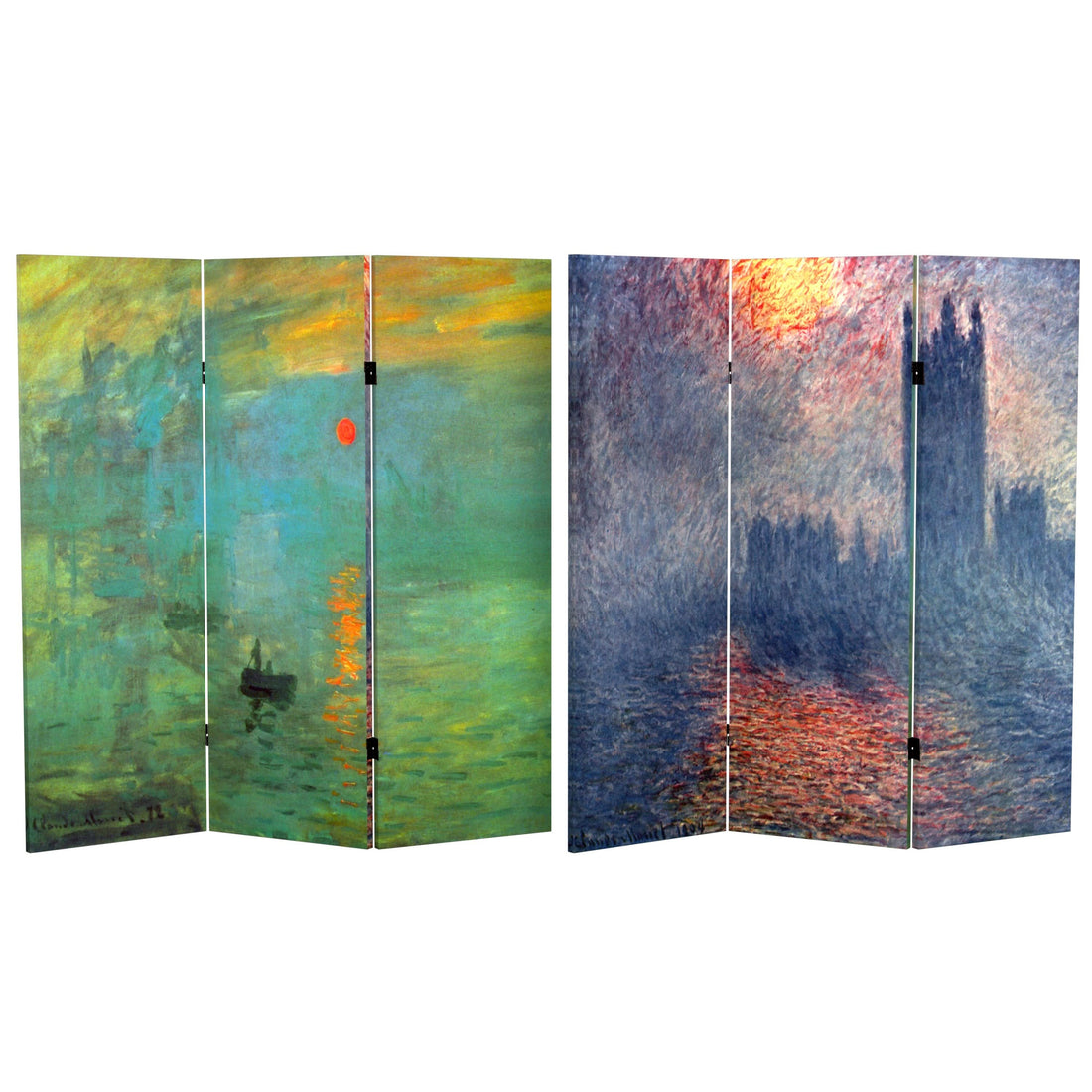 4 ft. Short Double Sided Works of Monet Canvas Folding Screen - Impression Sunrise/Houses of Parliament