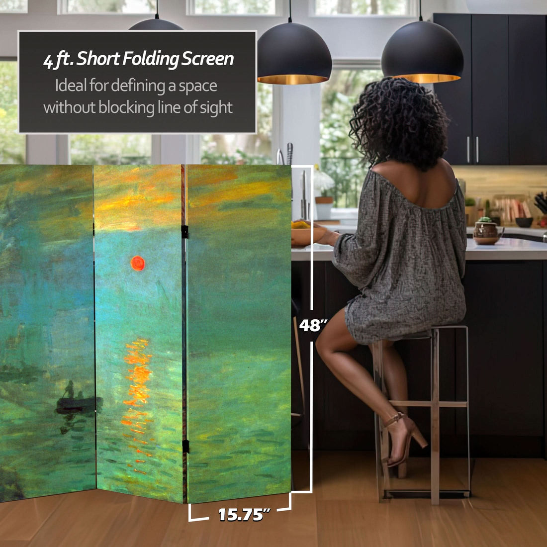 4 ft. Short Double Sided Works of Monet Canvas Folding Screen - Impression Sunrise/Houses of Parliament