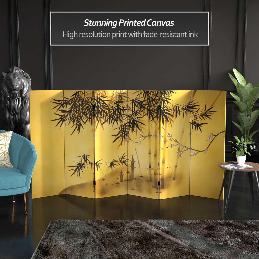 4 ft. Short Double Sided Bamboo Tree Canvas Folding Screen