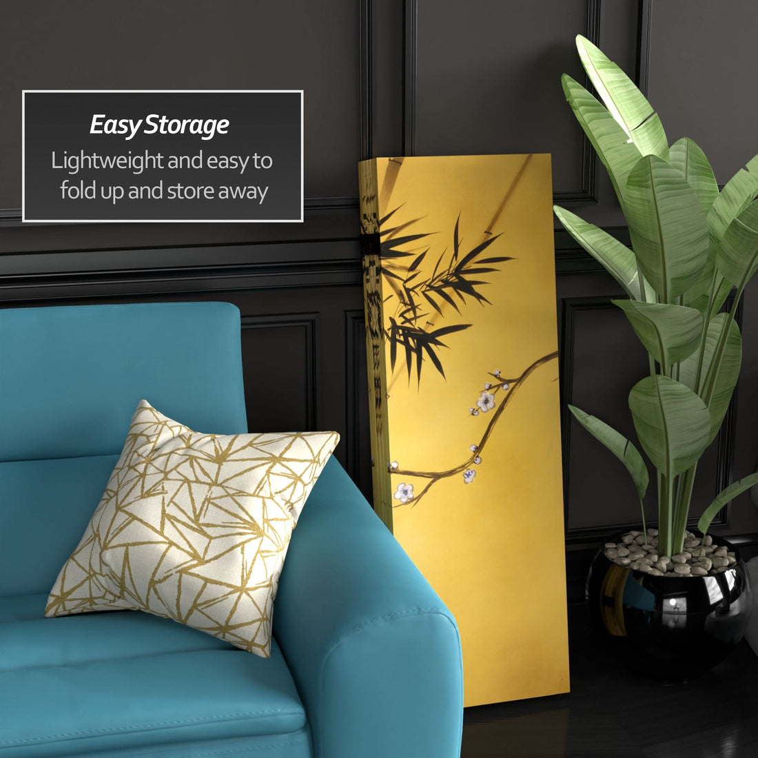 4 ft. Short Double Sided Bamboo Tree Canvas Folding Screen